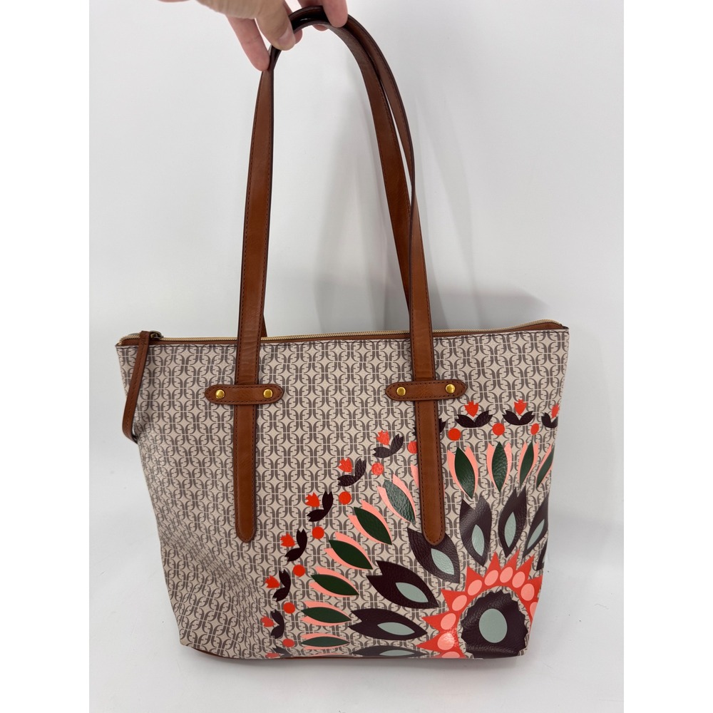 Fossil Sydney Zip Top Tote Women Large Tan Floral Monogram Print